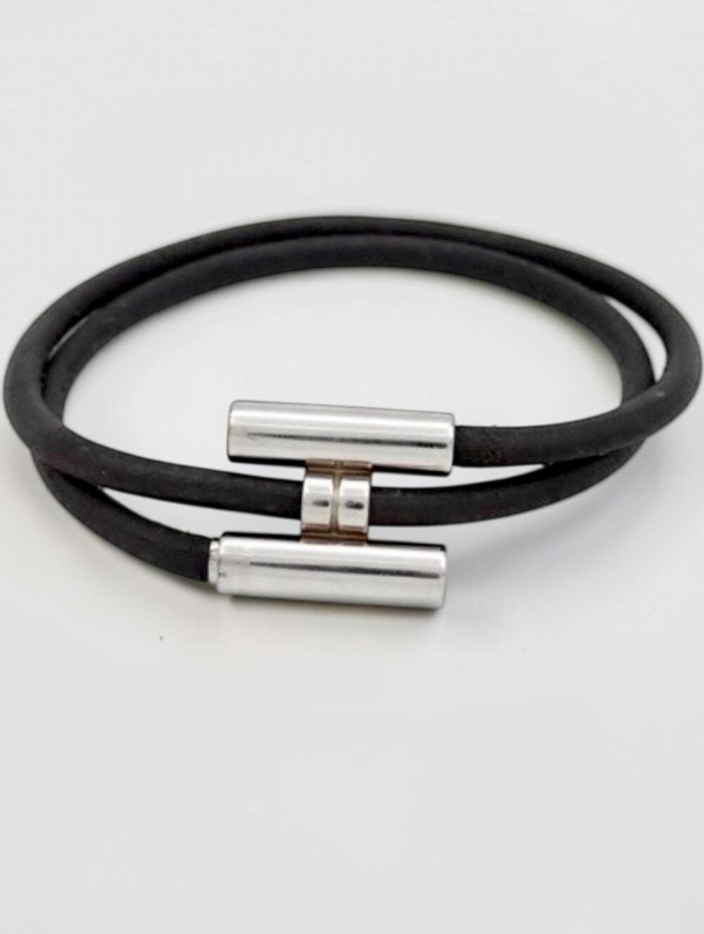 Hermes Jumbo H Bracelet Black Double-Wrap Silver Clasp Unisex